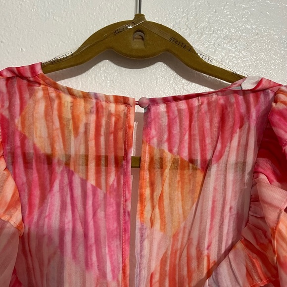NWT L’atiste By Amy Womens M Multicolor Ruffle Mini Dress Deep V Puff Sleeve - Picture 10 of 14